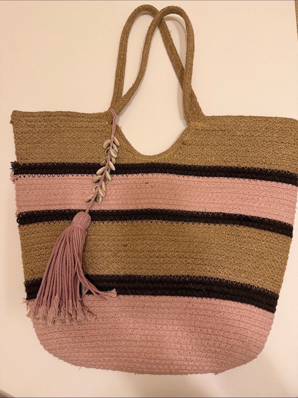 Handwoven Tan & Pink Striped Tote with Tassel Accent